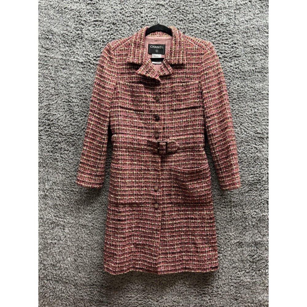 Vintage Chanel 2001 Belted Tweed Midi Coat in Red & Black Size 36 01A